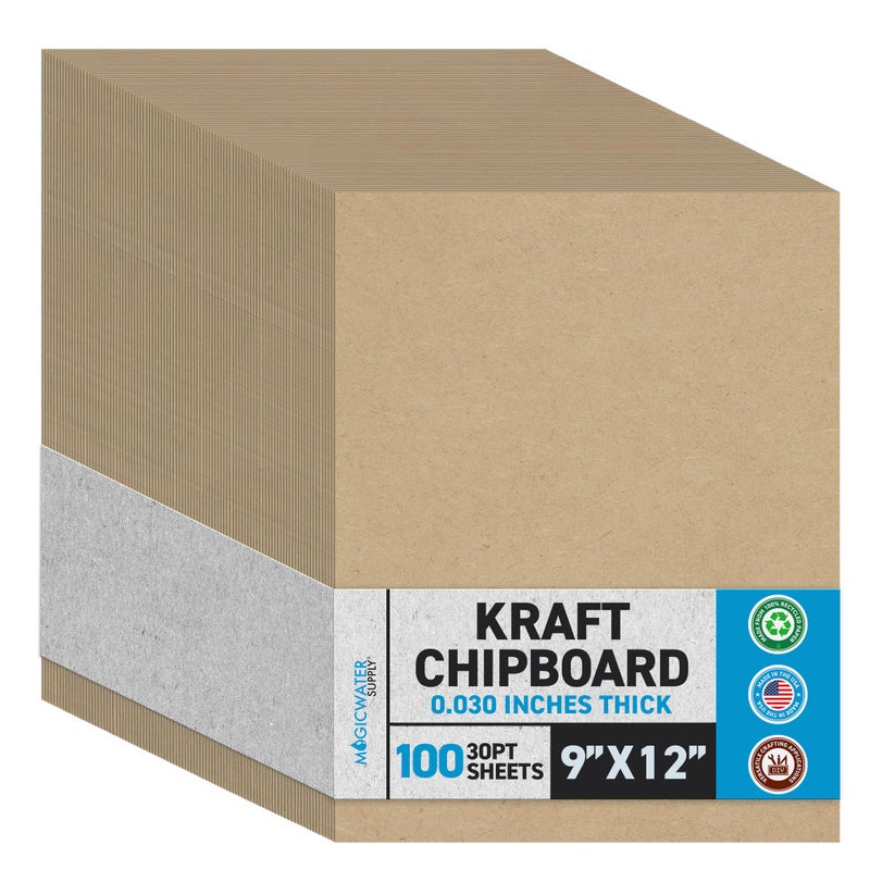 MagicWater Supply MagicWater Chipboard Sheet for DIY Projects - 9x12 Inch - 100 Pack - 30 pt - Heavy Duty Kraft (0.030 Inch Thick) Paperboard, For Scrapbooking, Books, Picture Frame Backing, Arts Project & Crafts - Image 1